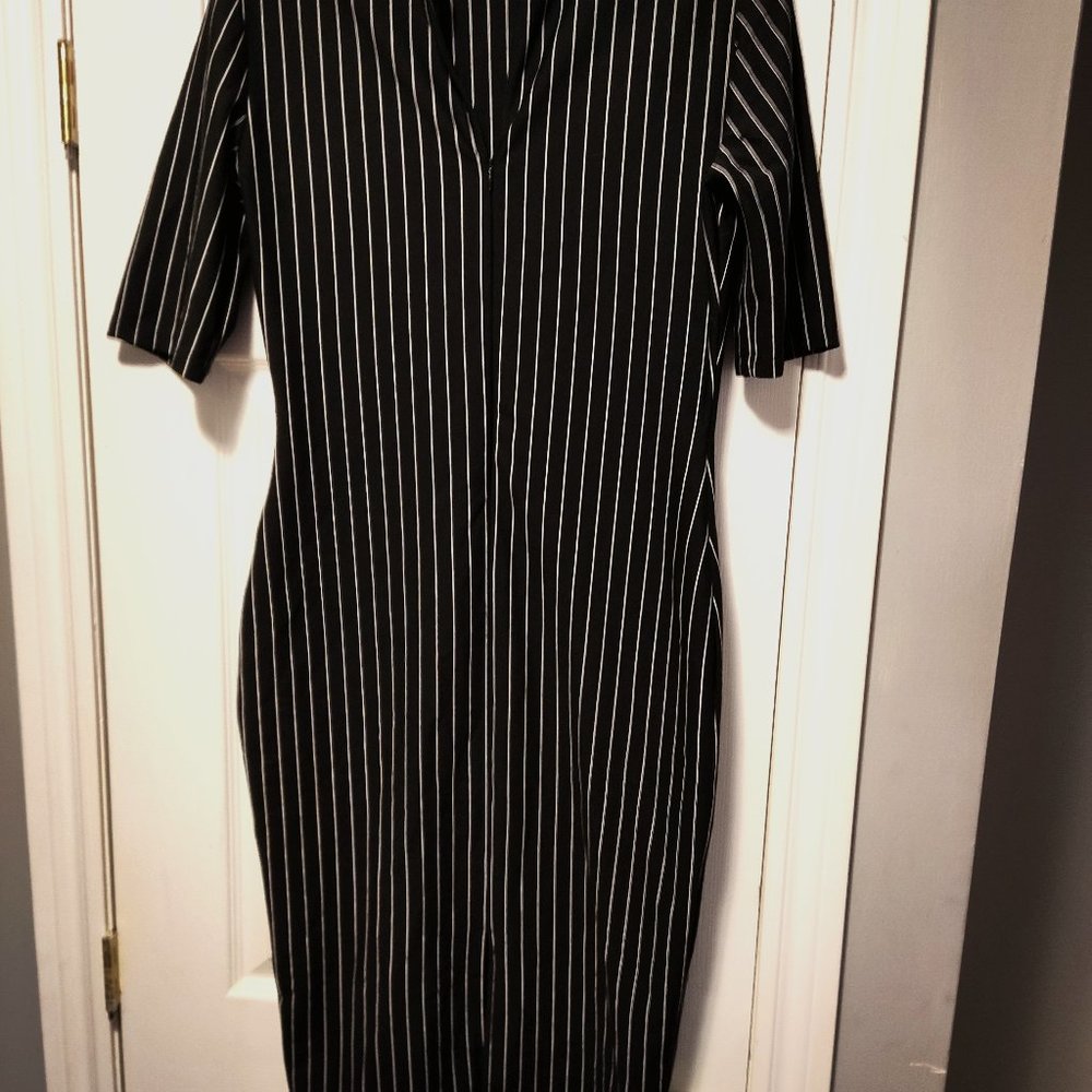Another Story form fitting dress, size Small,  black with pin stripes